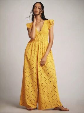 Anthropologie Eyelet Wide-Leg Jumpsuit in Yellow